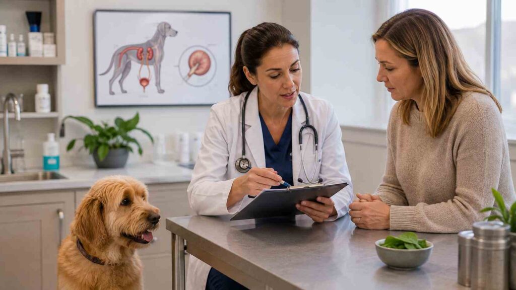 Veterinarian reviewing a dog's medical history while discussing spinach and urinary health