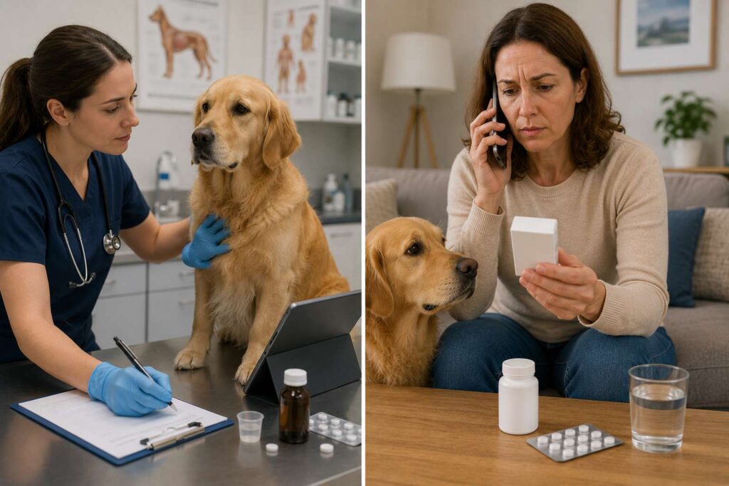 Veterinarian prescribing medication for a dog compared with an owner avoiding human self-medication at home