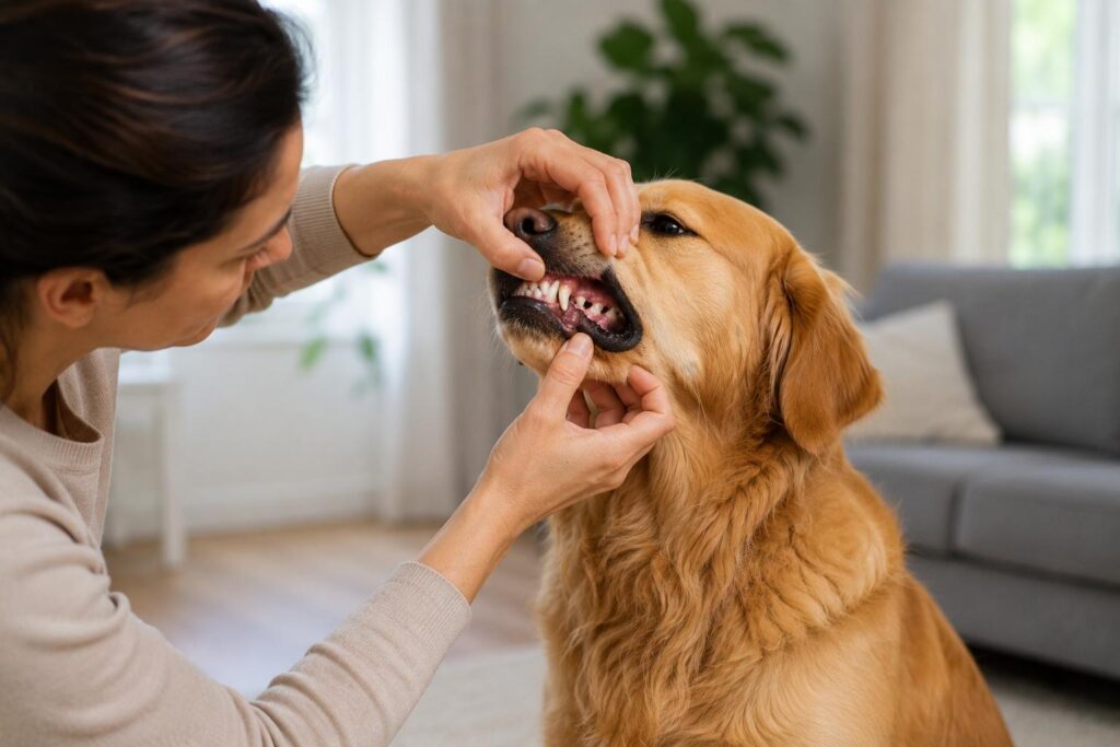 Dog owner gently lifting a calm dog's lip to safely check the visible teeth and gums at home