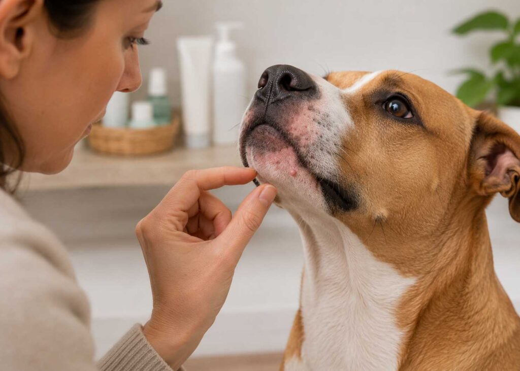 Owner stopping before squeezing a dog’s chin bump with human skincare products sitting nearby.