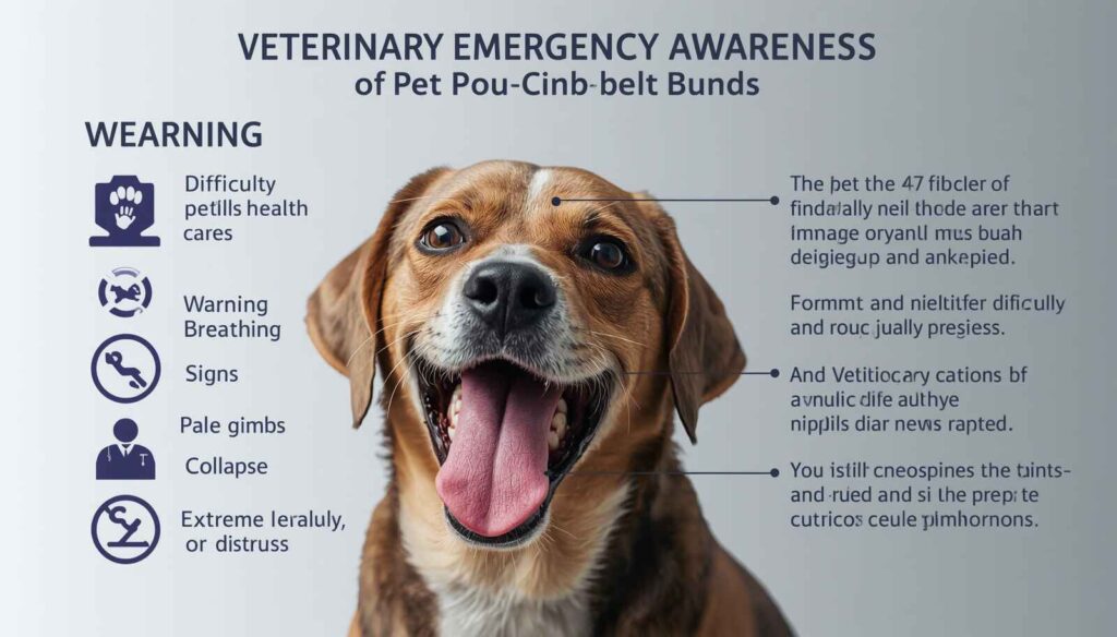 Dog panting heavily with signs of breathing difficulty and emergency veterinary warning symbols