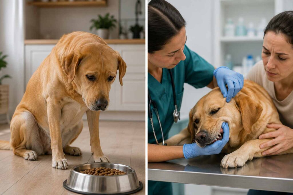 Dog showing digestive discomfort and another dog having its gums checked by a veterinarian.