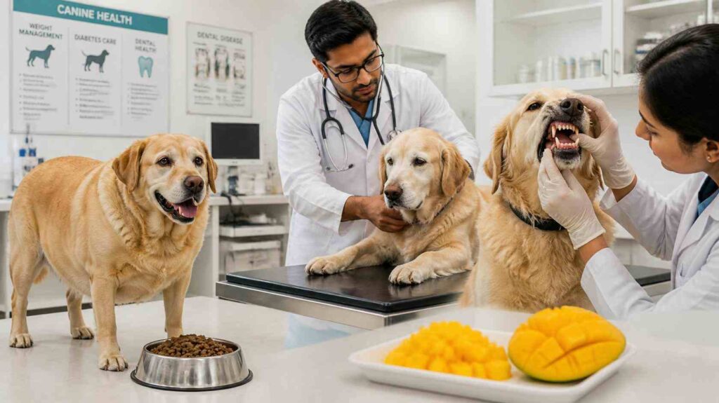Veterinarian examining dogs with obesity, diabetes, and dental problems related to treat choices.