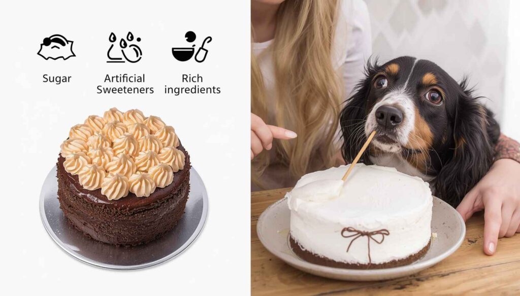 Decorated cake with frosting and warning symbols about ingredients unsafe for dogs