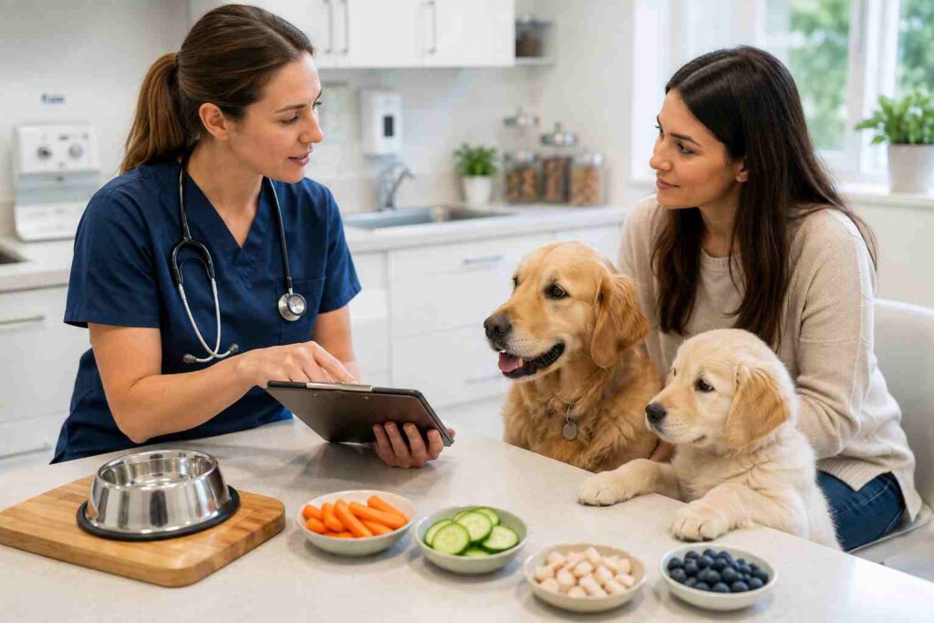 Veterinarian discussing safe treats and nutrition with an owner of a puppy and an adult dog.