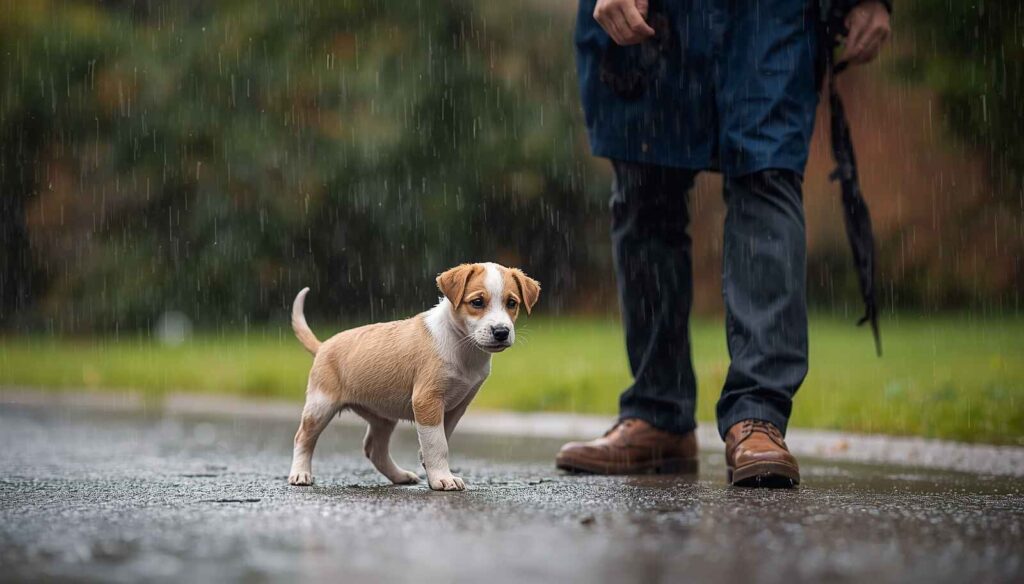 Puppy being taken outside for a potty break during rainy weather with its owner