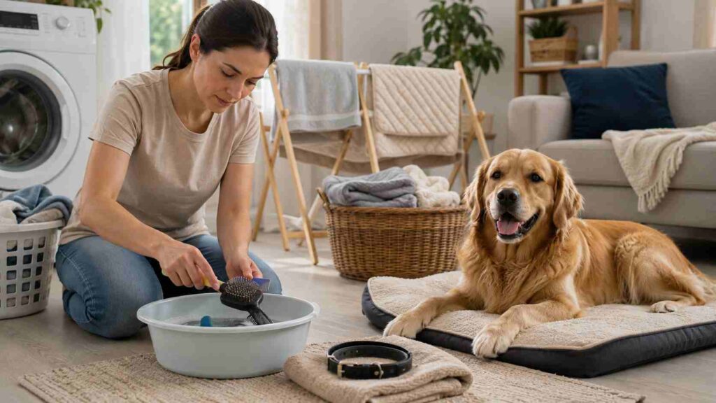 Dog owner cleaning pet bedding, brushes, combs, and other frequently used items after a canine lice infestation.