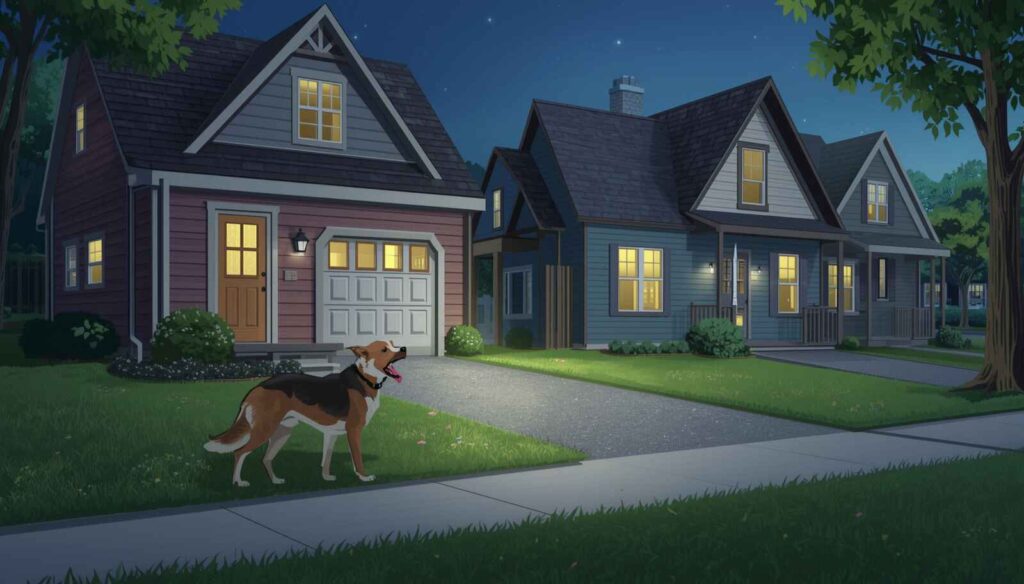 Dog barking at night in a residential neighborhood while nearby neighbors are disturbed by the noise