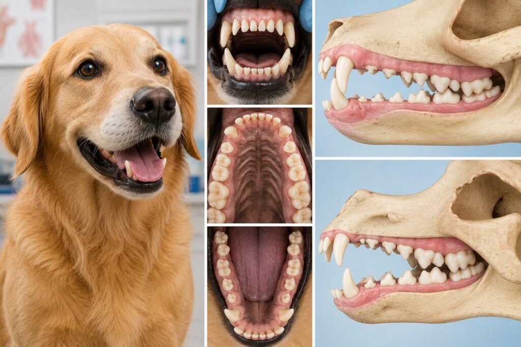 Adult dog dental anatomy showing incisors, canines, premolars, and molars inside the mouth