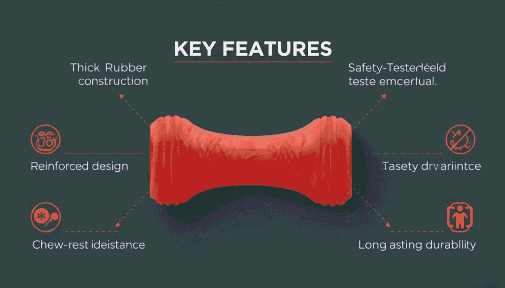 Educational infographic showing durable materials and safety features of tough dog chew toys