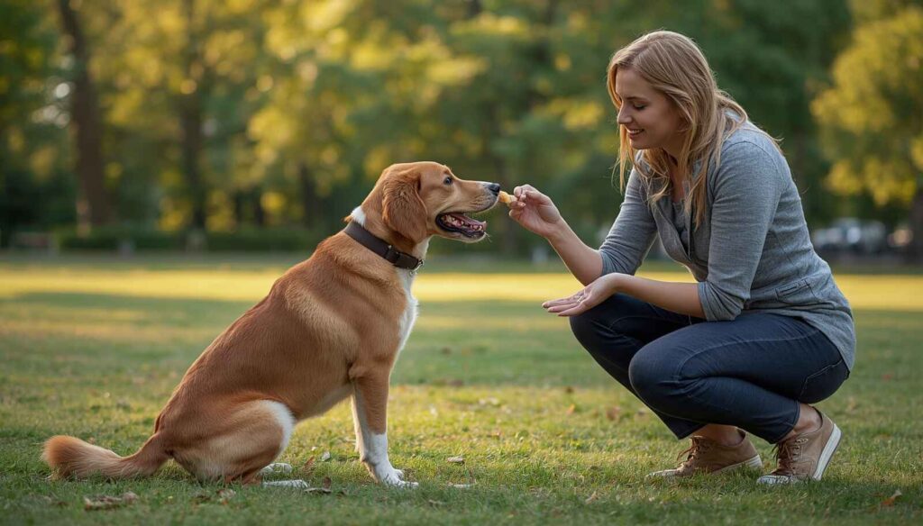 Dog owner using treats and positive reinforcement during outdoor obedience training