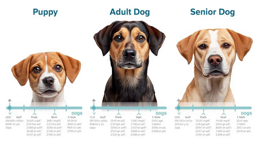 Puppy adult dog and senior dog illustrating different age-gap combinations between dogs