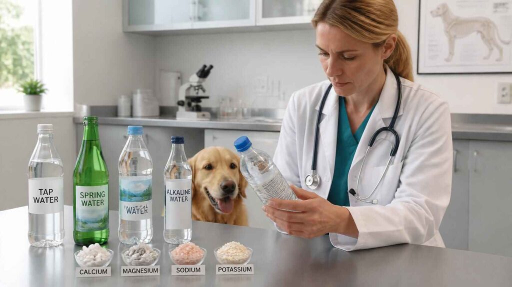 Different types of drinking water displayed while a veterinarian checks the ingredient labels