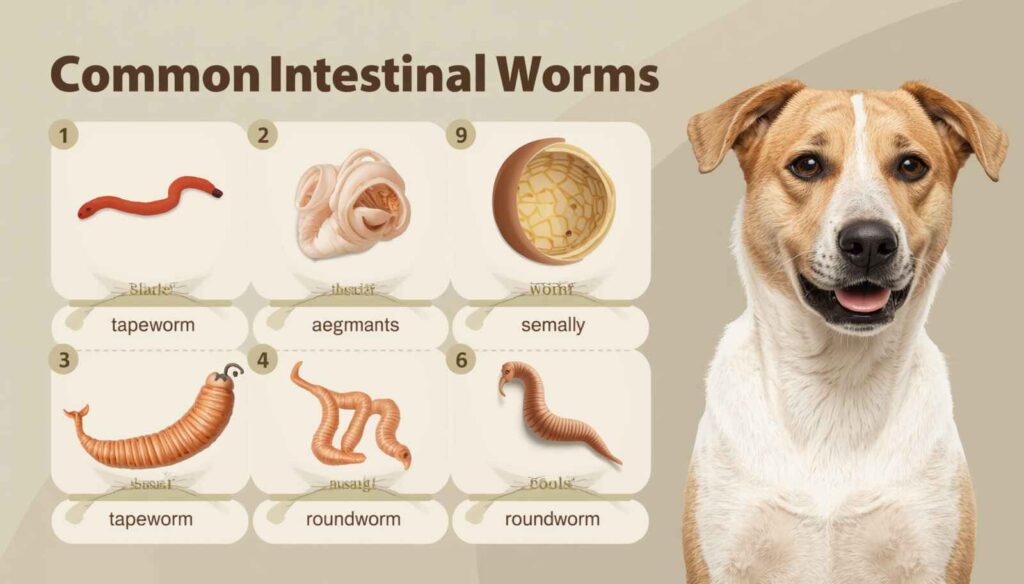 Educational infographic showing common white worms found in dog poop