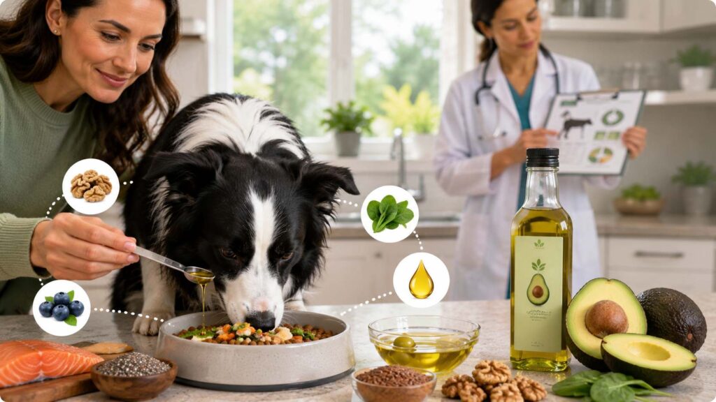 Border Collie eating a balanced meal with a carefully measured amount of avocado oil while a veterinarian reviews the dog's nutrition plan.
