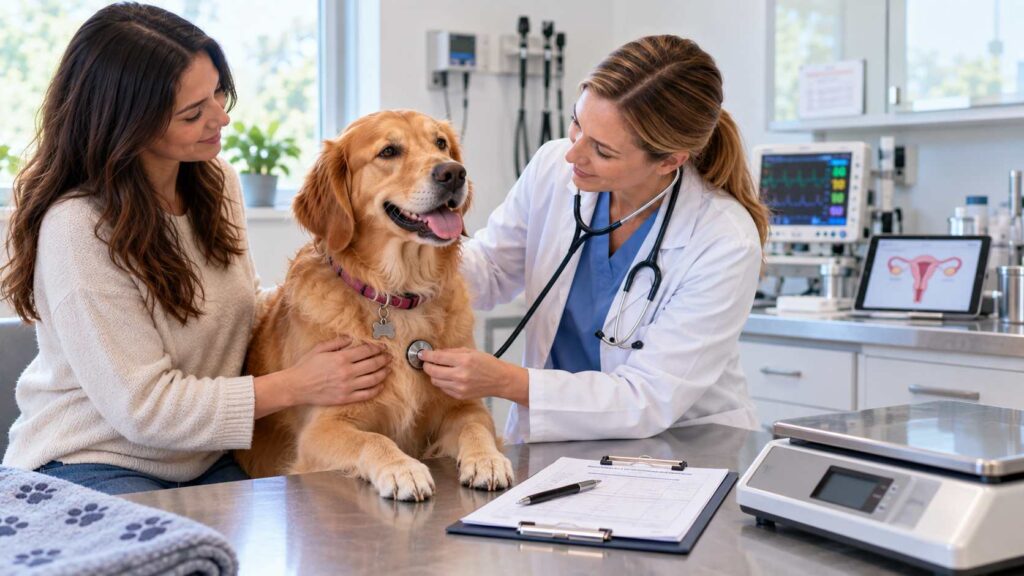 Veterinarian examining a female dog before spay surgery and reviewing her health information