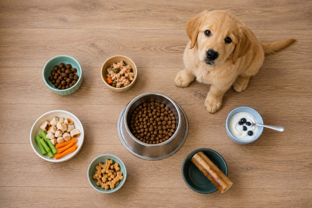 Puppy food bowl surrounded by training treats, chews, toppers, and other sources of extra calories