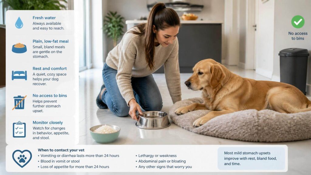 Dog owner providing fresh water, rest, and a small bland meal while monitoring a dog recovering from mild stomach upset.