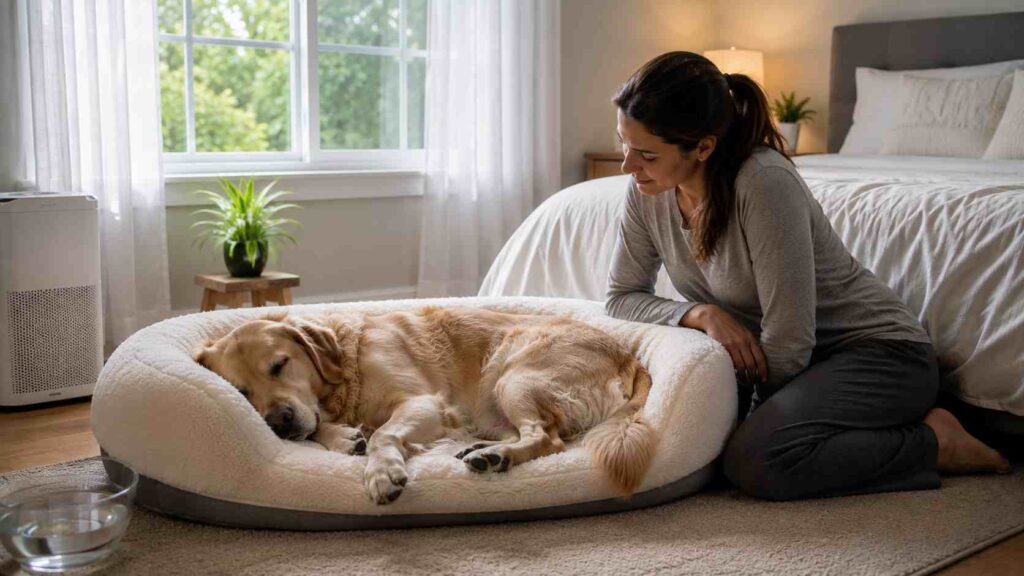 Dog sleeping comfortably on its side in a clean, cool, smoke-free room with fresh water nearby.