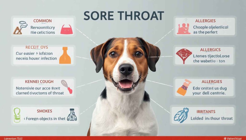 Veterinary infographic showing infections allergies irritants and foreign objects as causes of sore throats in dogs