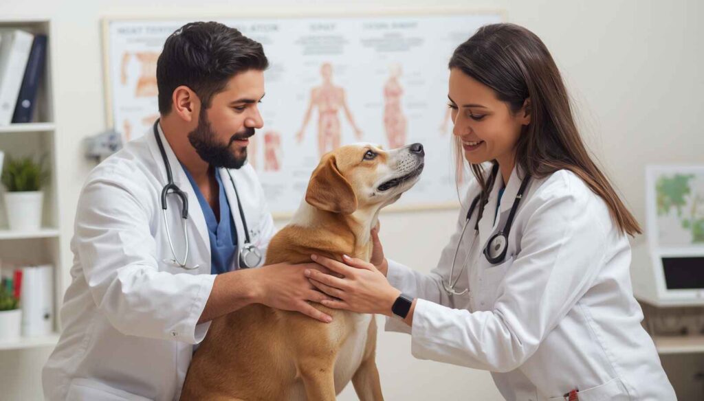 Veterinarian explaining the spay procedure to a dog owner with a female dog standing nearby