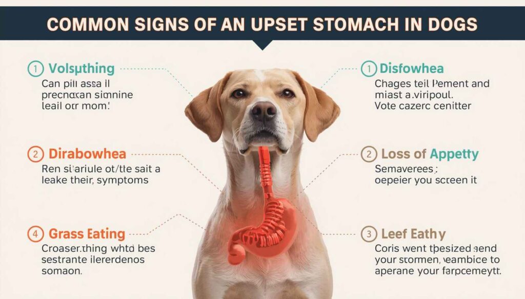 Educational infographic showing common symptoms of an upset stomach in dogs