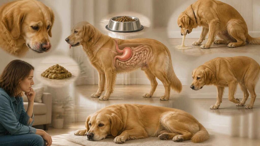 Dog showing common digestive upset symptoms, including nausea, drooling, reduced appetite, and stomach discomfort.