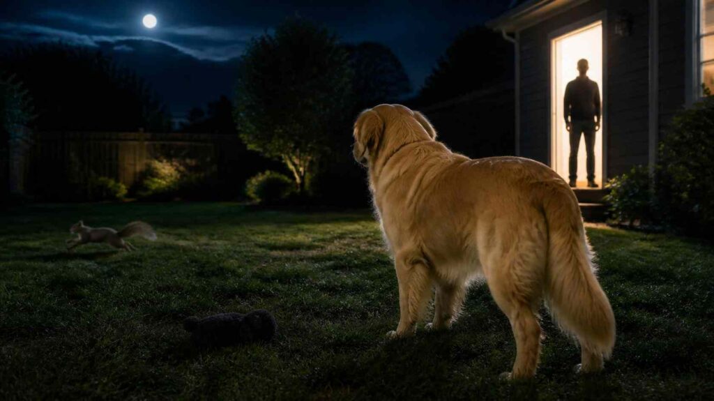 Healthy dog detecting a moving squirrel and bright doorway while a dark toy blends into the ground in low light.