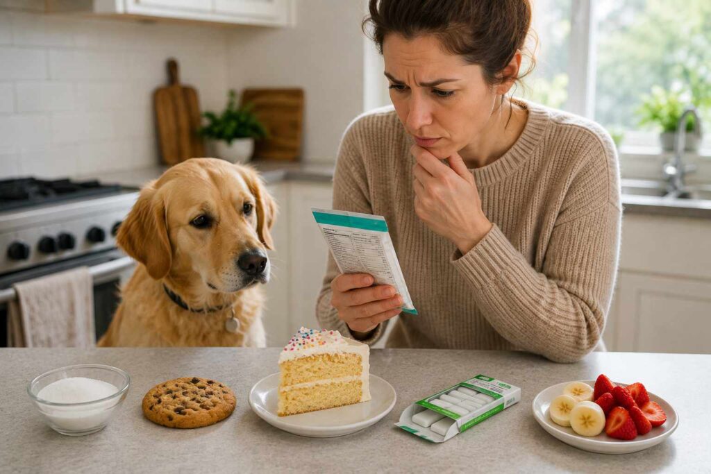Dog owner checking ingredients after dog gets near sugar, cake, cookies, sugar-free gum, and fruit.
