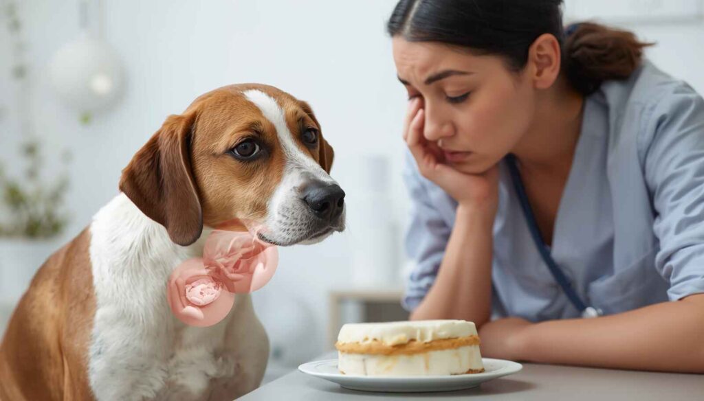 Dog showing signs of digestive discomfort after eating cake indoors