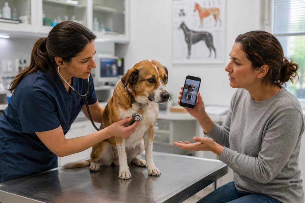 Dog owner showing a coughing video to a veterinarian during a respiratory examination