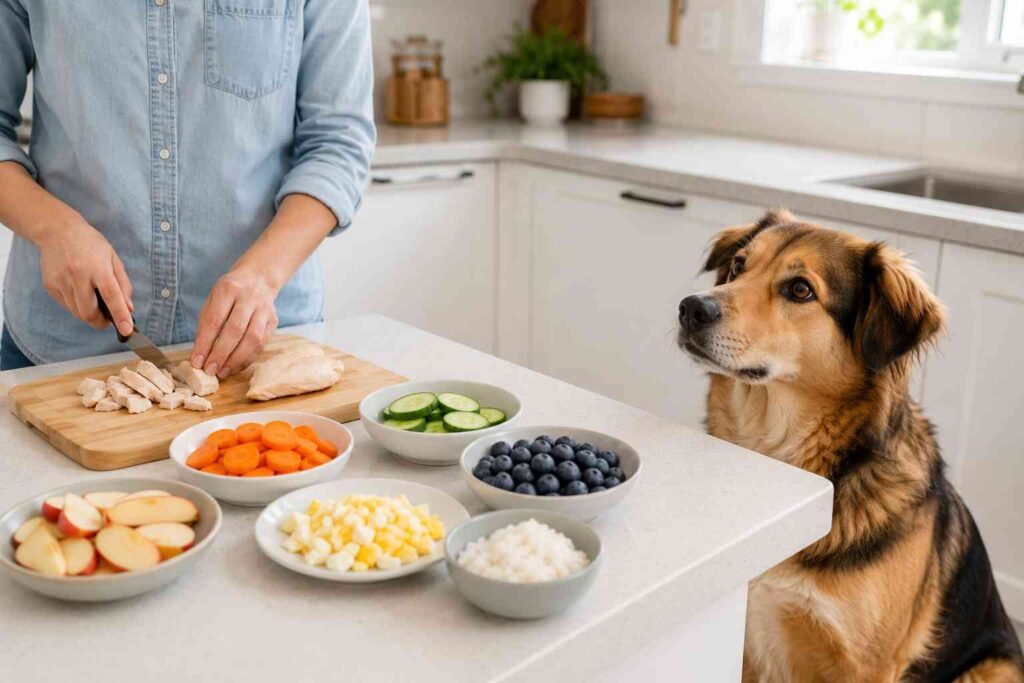 Dog sitting beside a kitchen counter with plain chicken, carrots, cucumber, blueberries, apple, egg, and rice.