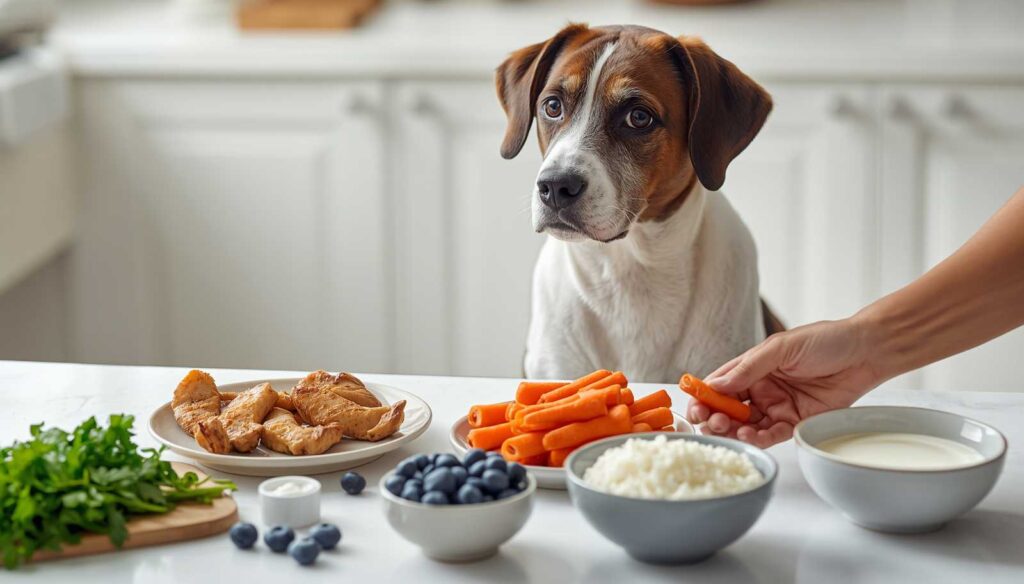 Healthy dog sitting beside dog-safe human foods including chicken carrots blueberries rice and yogurt