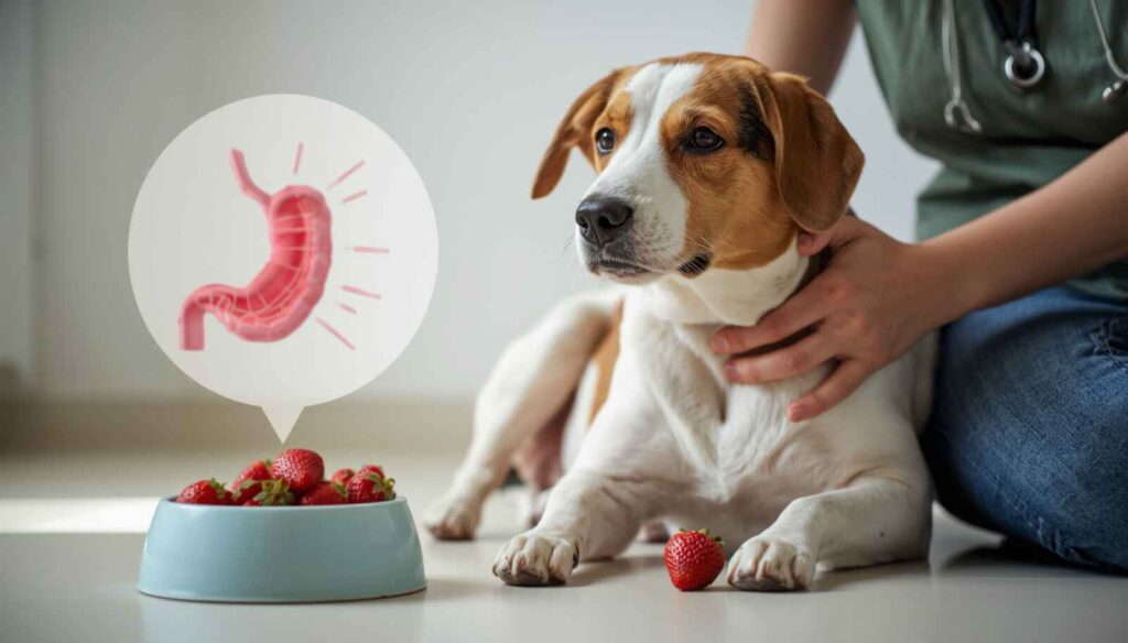 Dog experiencing mild digestive discomfort after eating excessive strawberries
