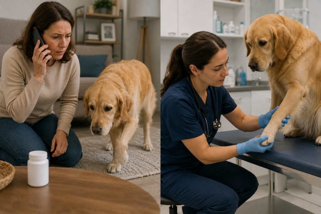 Veterinarian examining a dog's painful leg while the owner avoids giving human pain medication