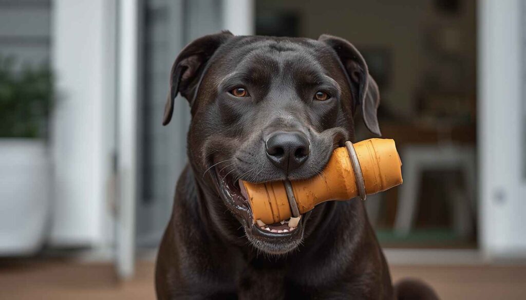Strong dog chewing a durable heavy-duty chew toy designed for aggressive chewers