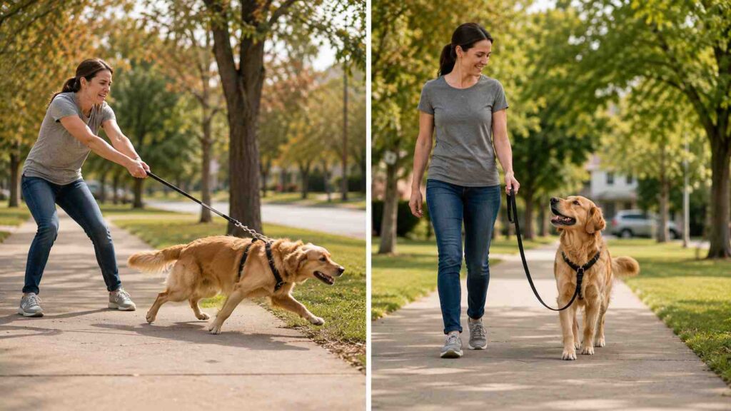 Side-by-side comparison of a dog pulling on a tight leash versus walking calmly with a relaxed J-shaped leash.