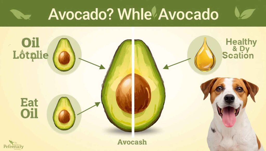 Educational comparison showing avocado oil beside a whole avocado with dog-safe nutrition information