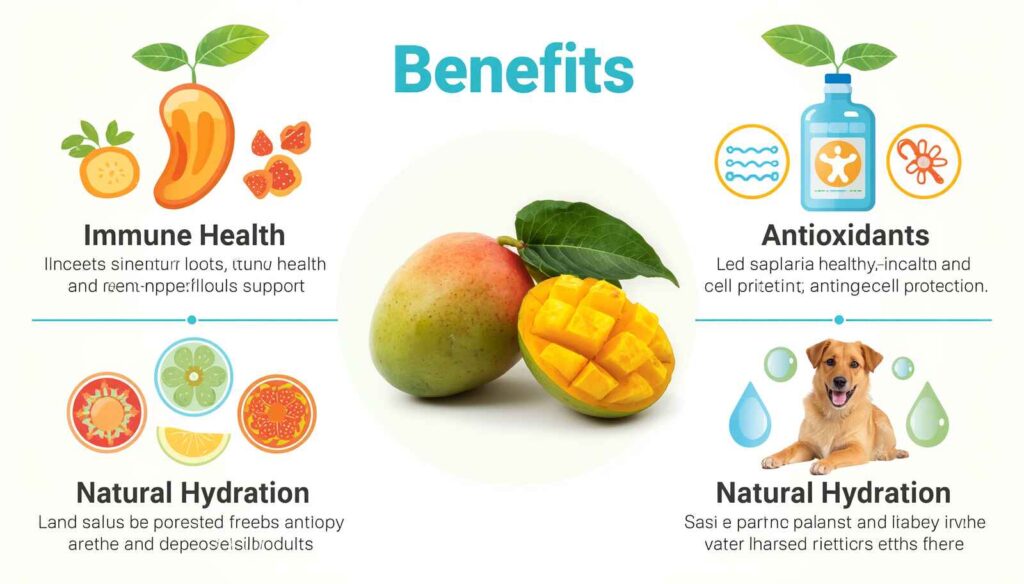 Mango nutrition infographic showing vitamins antioxidants and natural hydration benefits for dogs