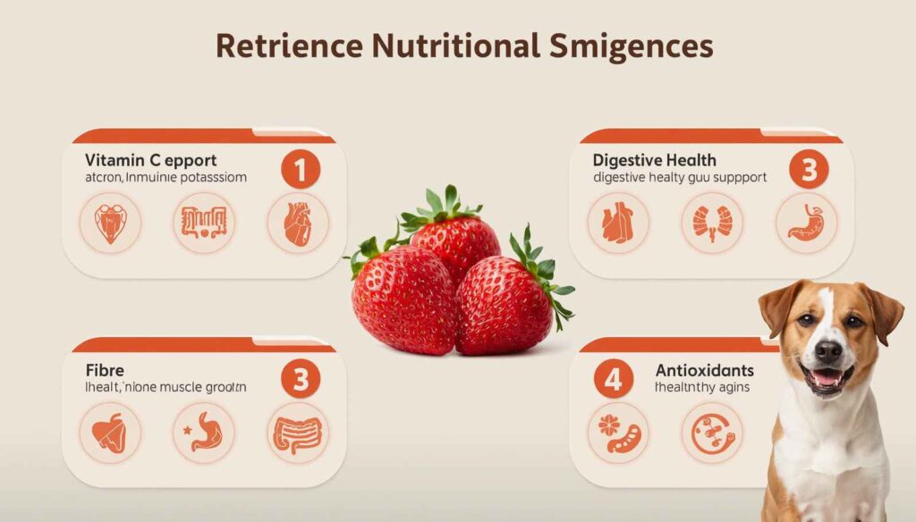 Strawberry nutrition infographic showing vitamin C potassium fibre and antioxidant benefits for dogs