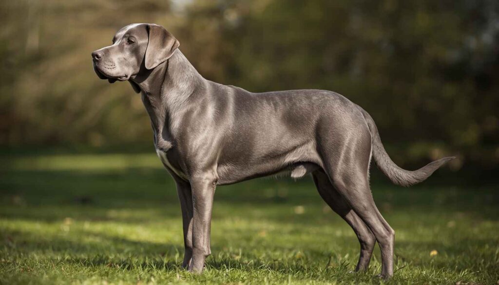 Silver Labrador Retriever with a smoky pewter-grey coat standing outdoors in natural daylight
