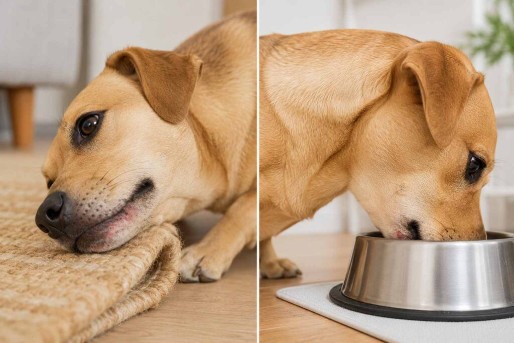 Dog rubbing its chin against a surface and eating from a bowl that contacts the muzzle.