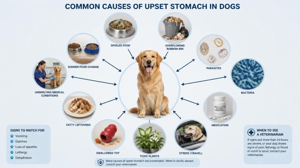 Illustration showing common causes of digestive upset in dogs, including spoiled food, parasites, stress, medication, and swallowed objects.