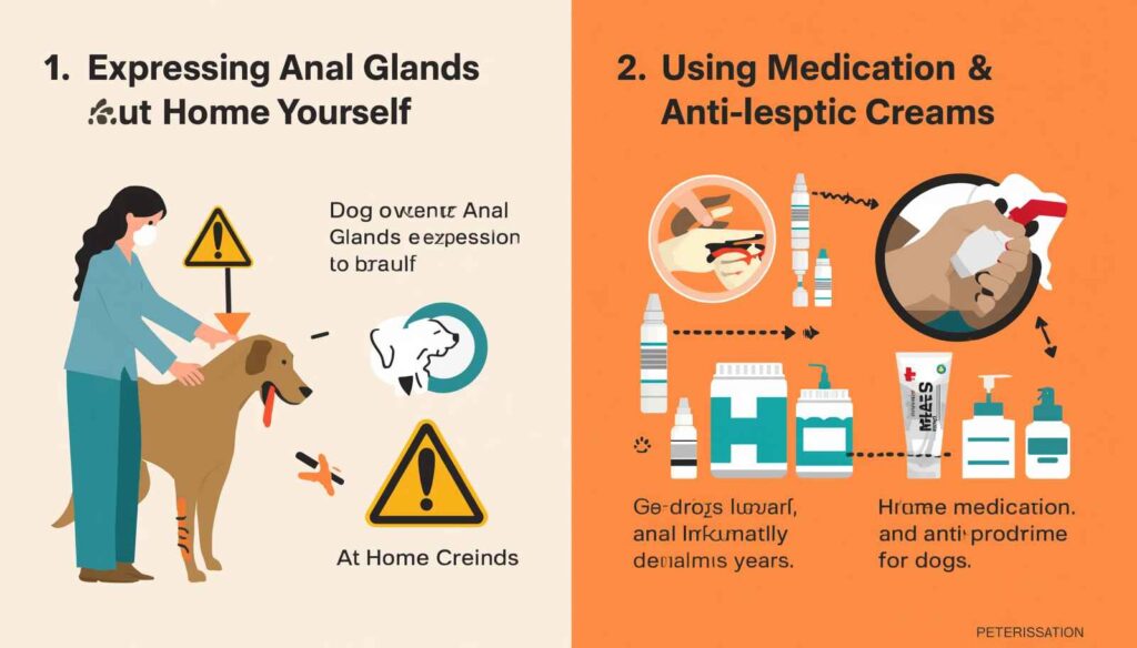 Warning infographic showing anal gland expression at home and human antiseptic creams as unsafe options for dogs