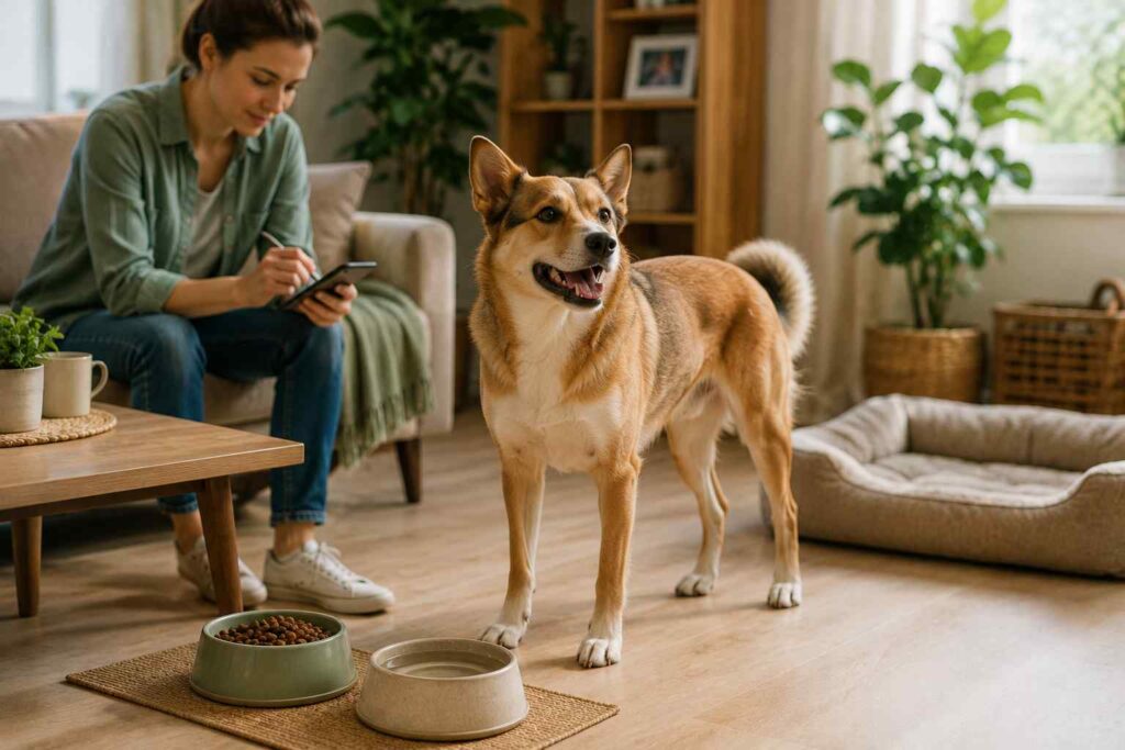Healthy relaxed dog near food and water while its owner monitors appetite, comfort, energy, and bathroom habits.