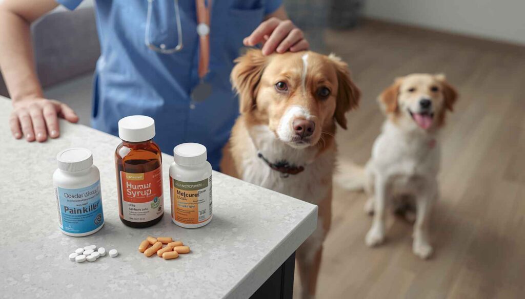 Human medicines kept away from a dog with suspected sore throat symptoms