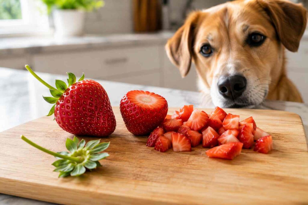 Fresh strawberry with leafy top removed and cut into dog-safe pieces