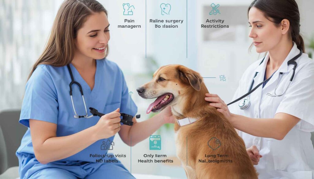 Dog owner discussing recovery care and important spay surgery questions with a veterinarian