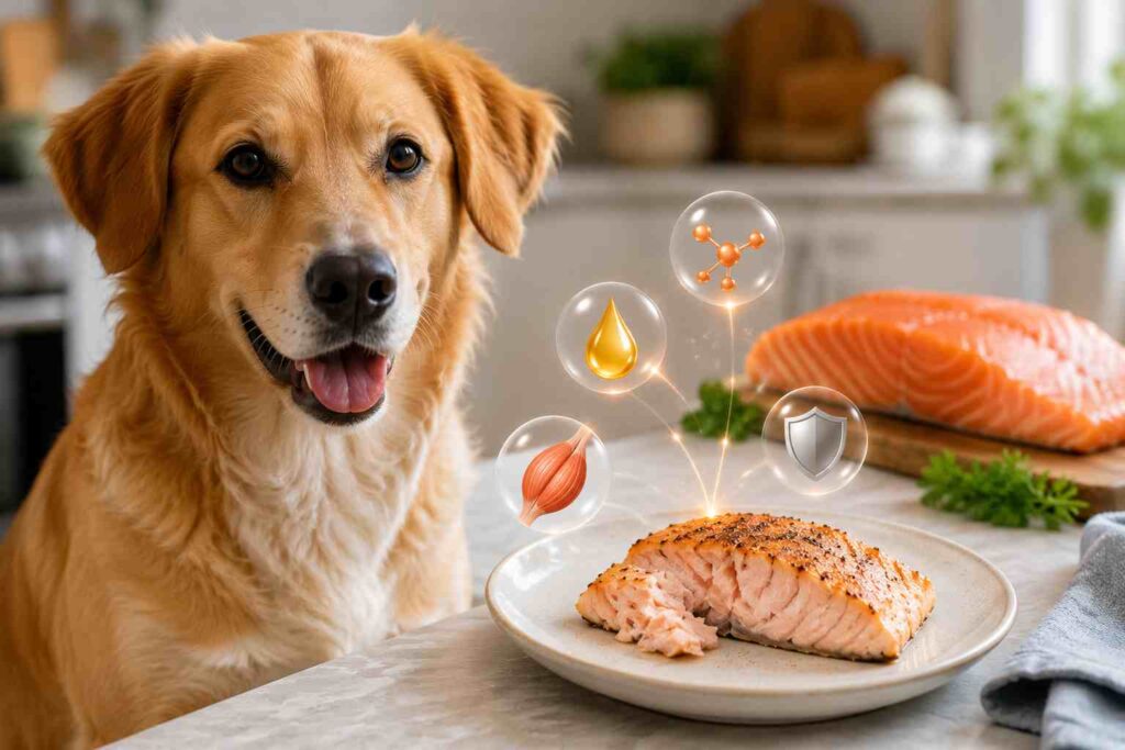 Healthy dog beside plain cooked salmon representing protein and omega-3 nutritional benefits