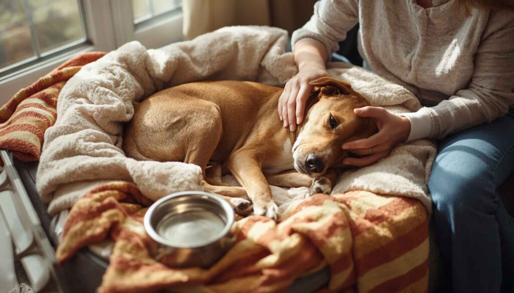 Dog resting comfortably at home with water and supportive care from its owner